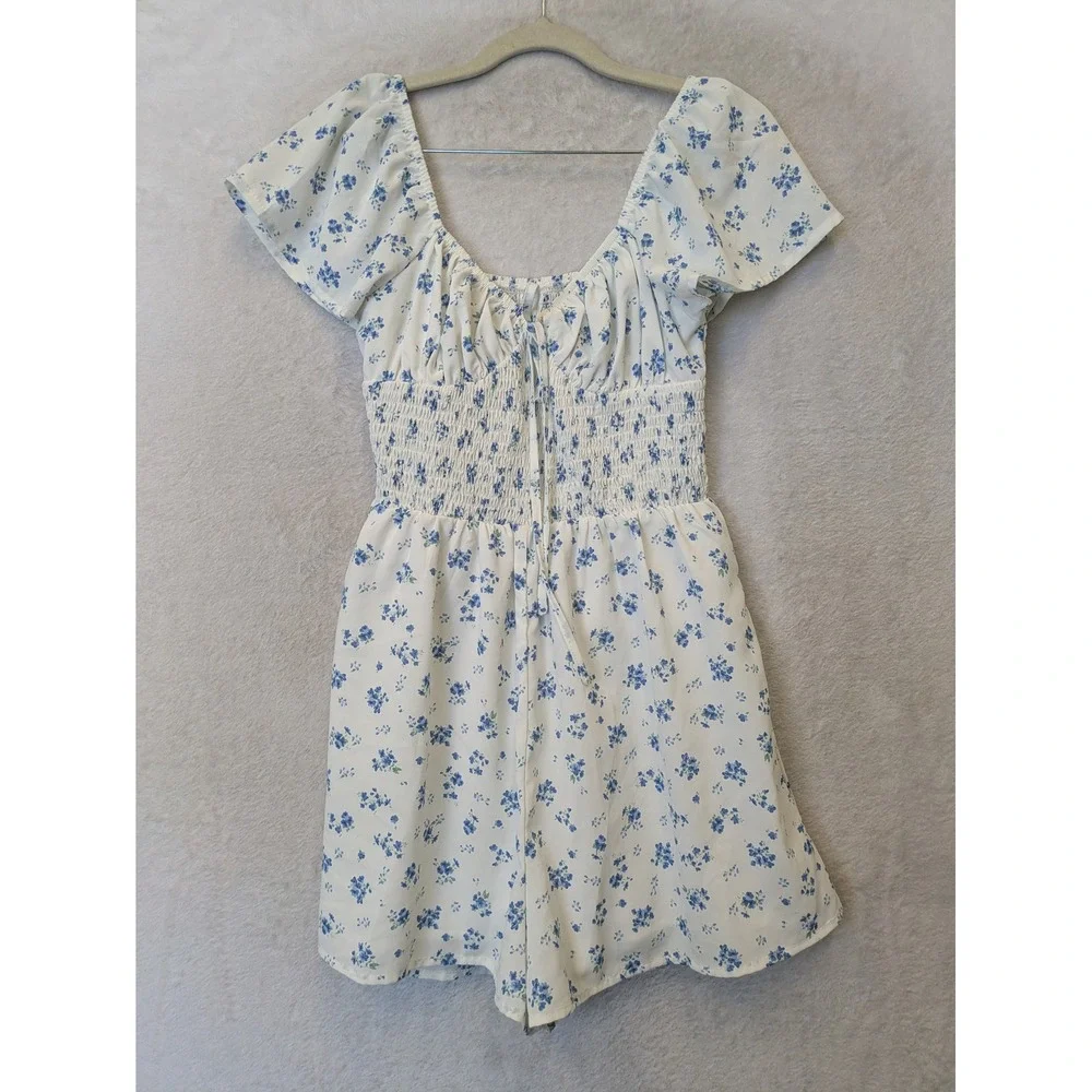 SHEIN Romper Junior's L White Blue Floral‎ Smocked Tie Front Cottagecore